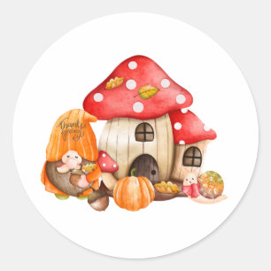 Sticker Rond Aquarelle Thanksgiving Gnome et Citrouille