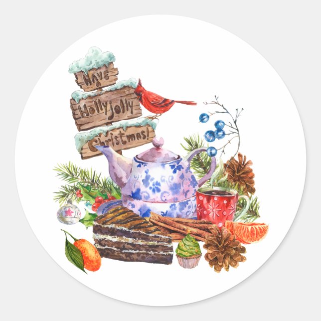 Sticker Rond Aquarelle Thé de Noël et heure du gâteau (Devant)