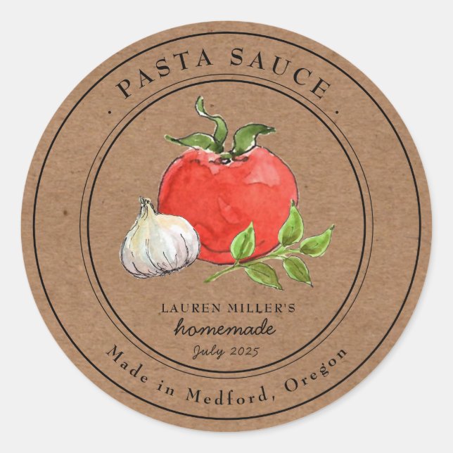 Sticker Rond Aquarelle Tomate ail sauce pasta papier Kraft (Devant)