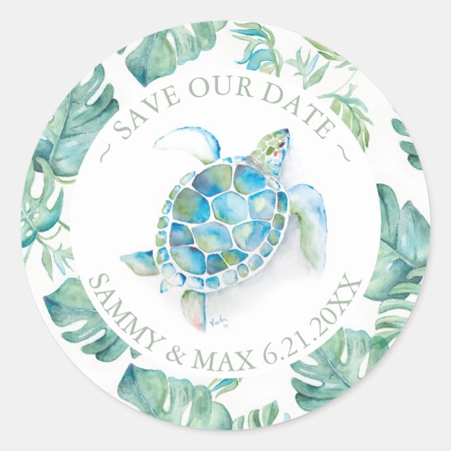Sticker Rond Aquarelle Tortue de mer et enveloppe de verdure (Devant)