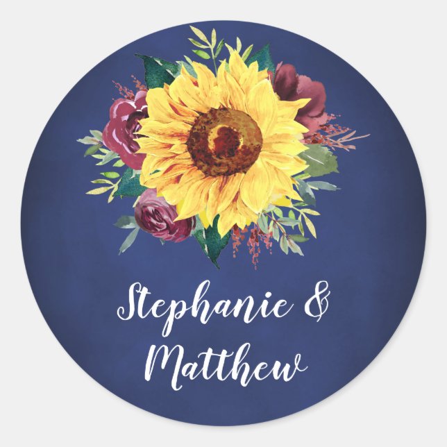 Sticker Rond Aquarelle Tournesol Bourgogne Rose Mariage de mari (Devant)