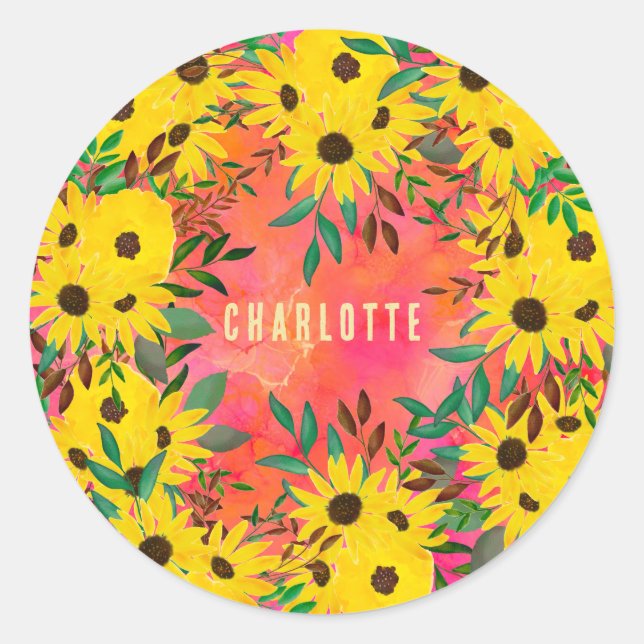 Sticker Rond Aquarelle Tournesol motif floral rose + nom (Devant)