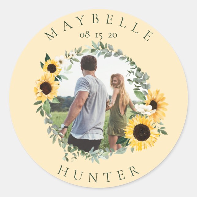 Sticker Rond Aquarelle Tournesol Photo Wreath Enregistrer Les D (Devant)