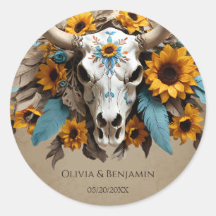 Sticker Rond Aquarelle Tournesol plumes Vache Mariage crâne