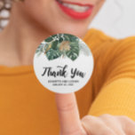 Sticker Rond Aquarelle Tropical Feuille Mariage Merci<br><div class="desc">Ce design mariage de bocal en mason rose bordeaux et roux peut être personnalisé avec vos informations. Il peut être customisé en choisissant le clic pour customiser une autre option. Vous pouvez modifier la couleur et le style du texte, certains arrière - plans et supprimer certaines images. Veuillez consulter mes...</div>