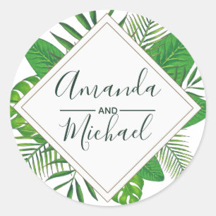 Sticker Rond Aquarelle Tropical Feuilles Beach Mariage