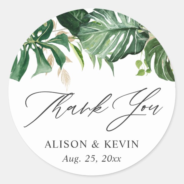 Sticker Rond Aquarelle Tropical Palm Feuille Merci (Devant)