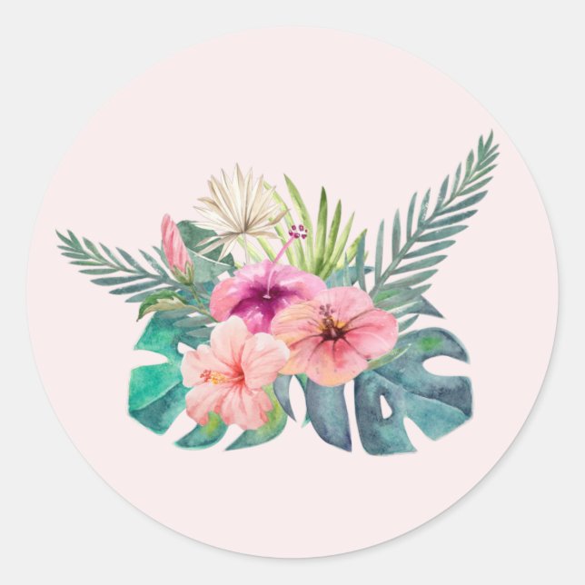 Sticker Rond Aquarelle Tropical Rose Hibiscus Fleurs (Devant)