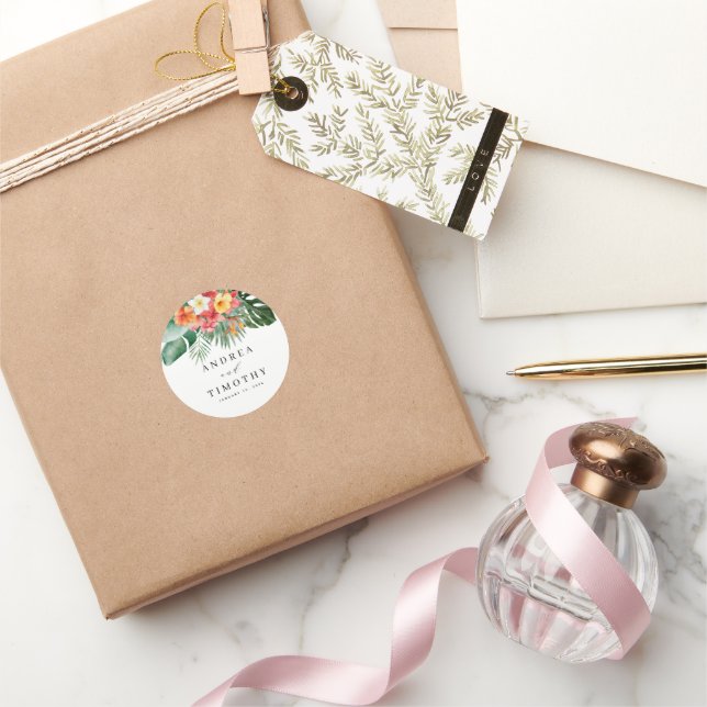 Sticker Rond Aquarelle Tropical Summer Mariage Floral Green (Cadeaux)