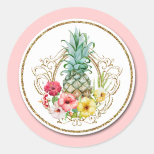 Sticker Rond Aquarelle Tropicale Ananas & Hibiscus Fleurs