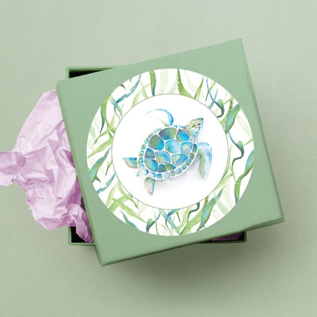 Sticker Rond Aquarelle tropicale de tortue de mer Vert (Tropical Sea Turtle Watercolor Greenery Classic Round Sticker)