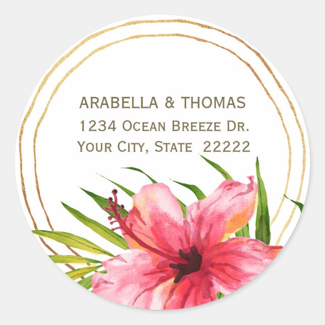 Sticker Rond Aquarelle tropicale Hibiscus Flower Return Adresse (Devant)