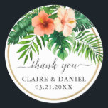Sticker Rond Aquarelle tropicale Merci Mariage botanique<br><div class="desc">Design moderne mariage merci autocollants avec aquarelle feuilles tropicaux et fleurs d'hibiscus.</div>