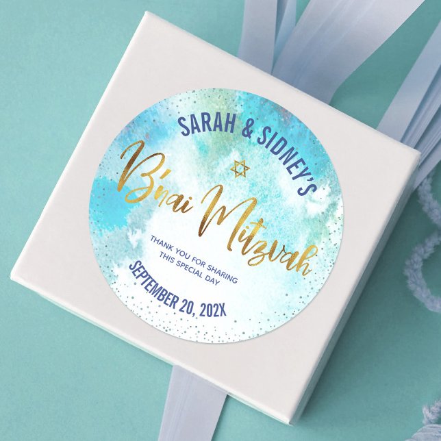 Sticker Rond Aquarelle Turquoise B'nai Mitzvah Gold Script (Créateur téléchargé)