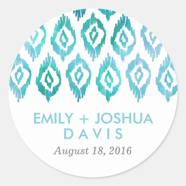 Sticker Rond Aquarelle turquoise Ikat | MARIAGE (Devant)