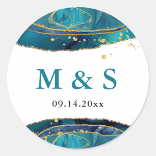Sticker Rond Aquarelle Turquoise moderne Gold Agate Personnalis