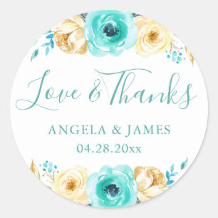 Sticker Rond Aquarelle Turquoise Or Mariage Floral Merci