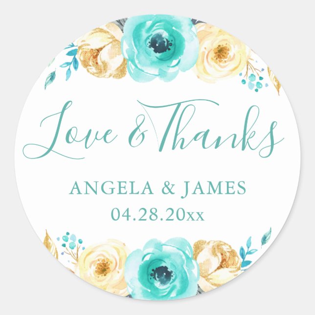 Sticker Rond Aquarelle Turquoise Or Mariage Floral Merci (Devant)