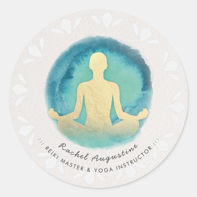 Sticker Rond Aquarelle turquoise or YOGA instructeur de méditat (Devant)
