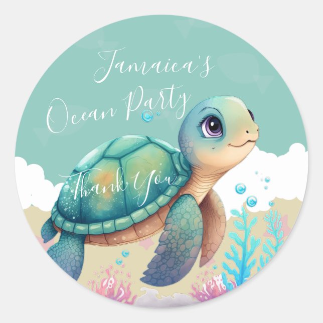 Sticker Rond Aquarelle Turtle Ocean Beach Merci d'anniversaire (Devant)