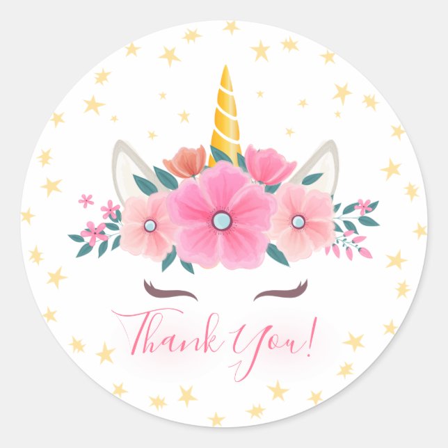 Sticker Rond Aquarelle Unicorn Face Floral Stars Merci (Devant)