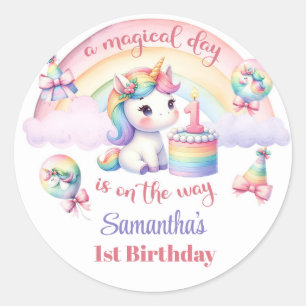 Sticker Rond Aquarelle Unicorn Girl 1er anniversaire arc-en-cie