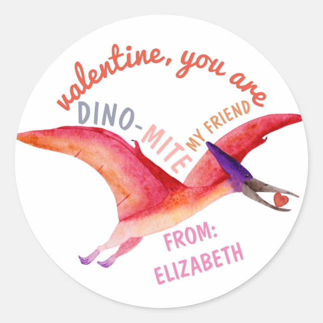 Sticker Rond Aquarelle Valentine Dino-Mite Ptérosaure Rose (Devant)
