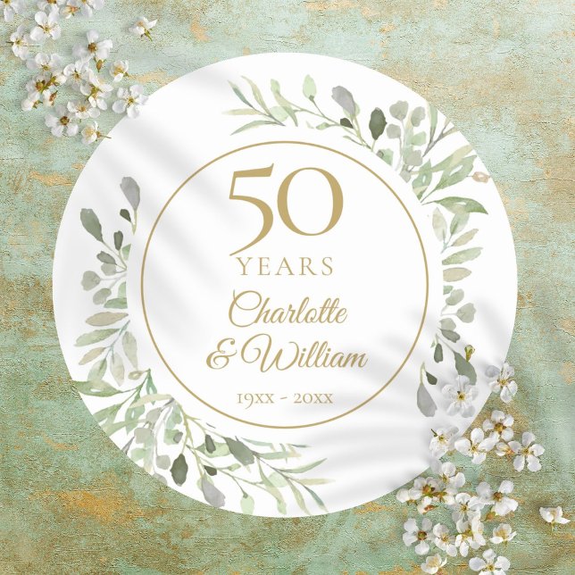 Sticker Rond Aquarelle Verdure 50e anniversaire de Mariage (Watercolor Greenery 50th Wedding Anniversary Classic Round Sticker)