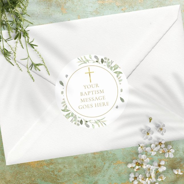 Sticker Rond Aquarelle Verdure Or Baptême Message (Créateur téléchargé)