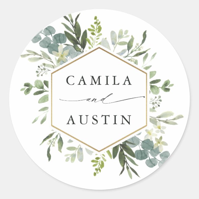 Sticker Rond Aquarelle Verdure or Hexagon Mariage (Devant)