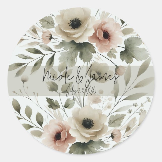 Sticker Rond Aquarelle vert d'olive kaki Mariage de fleurs (Devant)