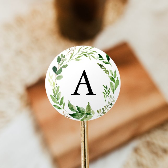 Sticker Rond Aquarelle Vert Mariage Monogramme (Créateur téléchargé)
