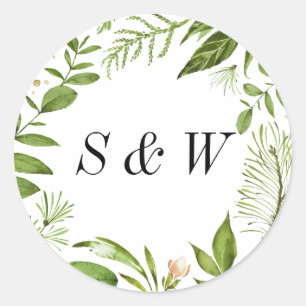 Sticker Rond Aquarelle vert sauvage Feuillage Mariage Monogramm