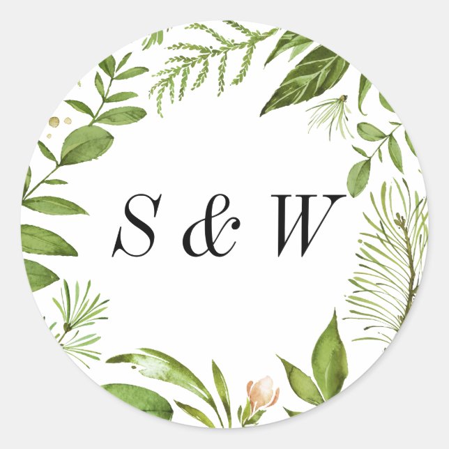 Sticker Rond Aquarelle vert sauvage Feuillage Mariage Monogramm (Devant)