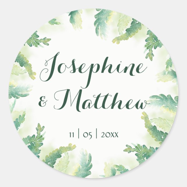 Sticker Rond Aquarelle verte Fern Mariage personnalisé (Devant)
