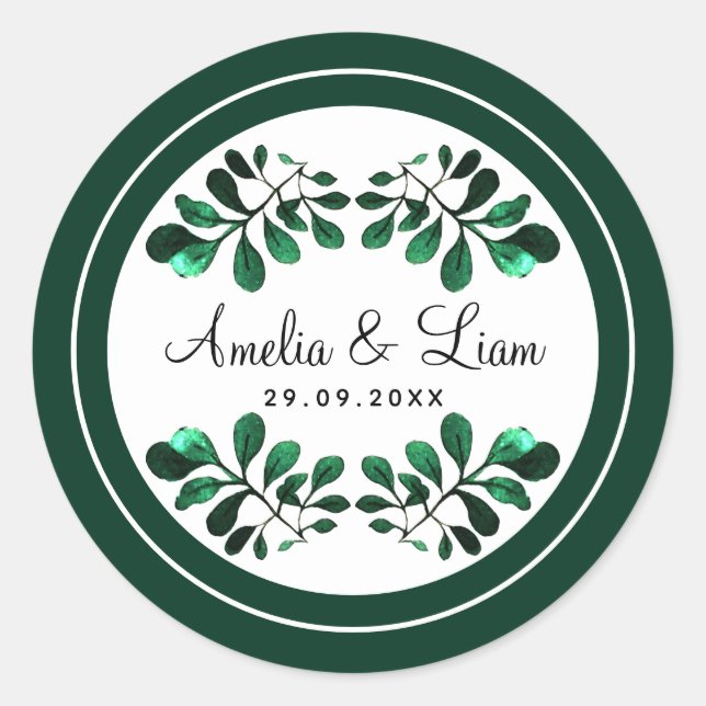 Sticker Rond Aquarelle verte moderne Mariage de feuillage vert (Devant)