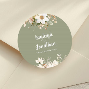 Sticker Rond Aquarelle verte moderne Sage Mariage Floral