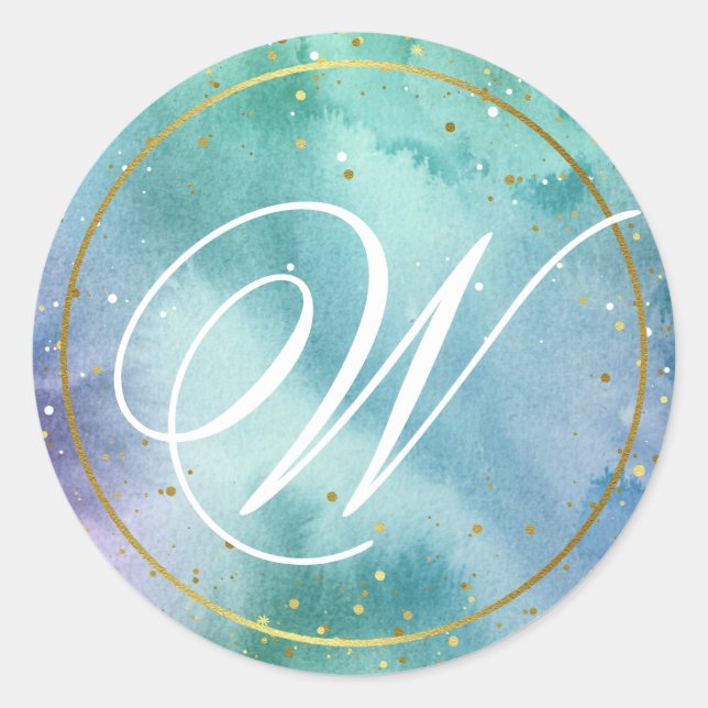 Sticker Rond Aquarelle Verte Monnaie Or Élégant Monogramme Scri (Devant)
