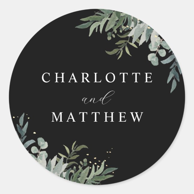Sticker Rond Aquarelle verte | Sceau d'enveloppe Mariage noir (Devant)