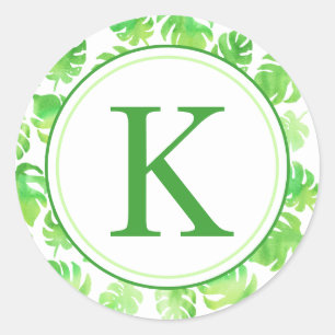 Sticker Rond Aquarelle verte tropicale Feuilles Monogramme
