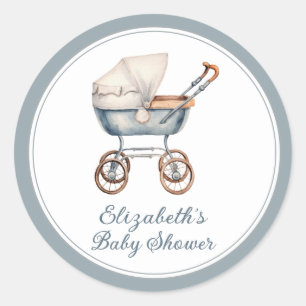 Sticker Rond Aquarelle vintage Blue Baby Carriage personnalisée