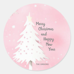 Sticker Rond Aquarelle Vintage de Noël rose blanc