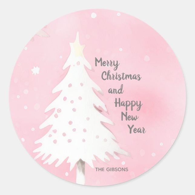 Sticker Rond Aquarelle Vintage de Noël rose blanc (Devant)
