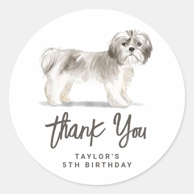 Sticker Rond Aquarelle vintage gris Shih Tzu Anniversaire (Devant)