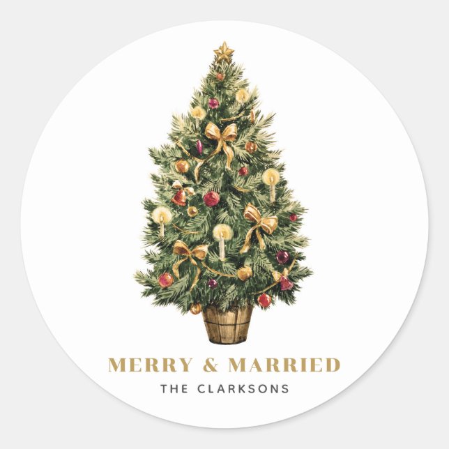 Sticker Rond Aquarelle Vintage Noël Arbre Mariage Fête (Devant)