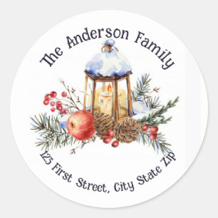 Sticker Rond Aquarelle Vintage Noël Lanterne Fruit Greens