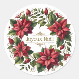 Sticker Rond Aquarelle vintage Poinsettias French Joyeux Noël