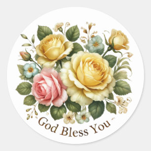 Sticker Rond Aquarelle vintage roses jaunes et roses "Dieu béni