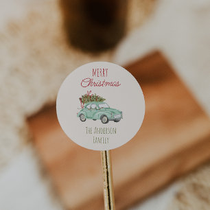 Sticker Rond Aquarelle vintage Rouge Vert Arbre de voiture Noël