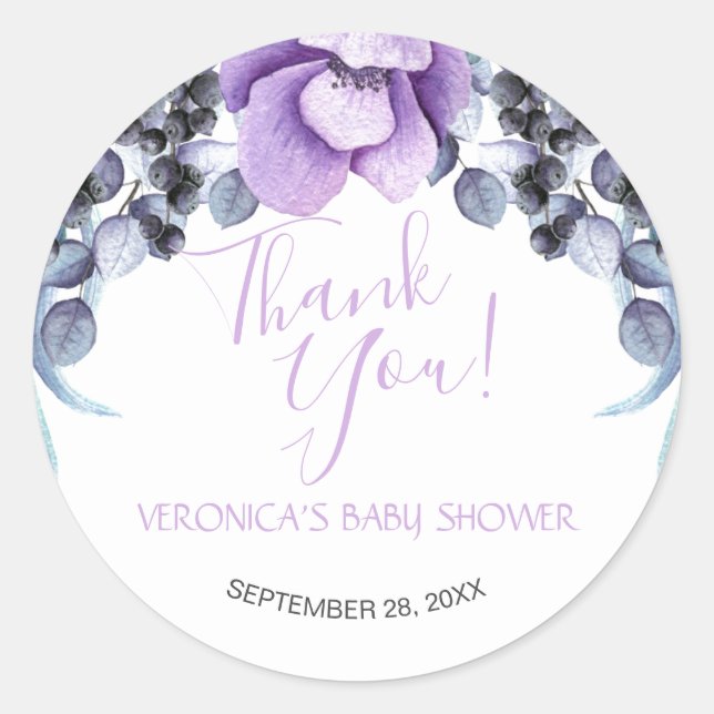 Sticker Rond Aquarelle violet Baby shower Floral Merci (Devant)